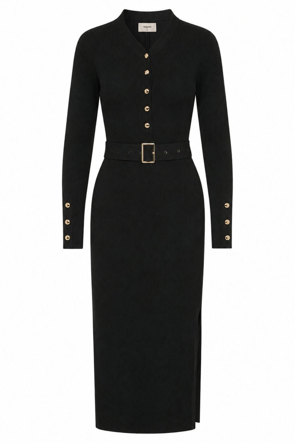 Zwarte dames Freebird midi jurk van viscose met effen, lange mouwen, V-hals en knoopsluiting