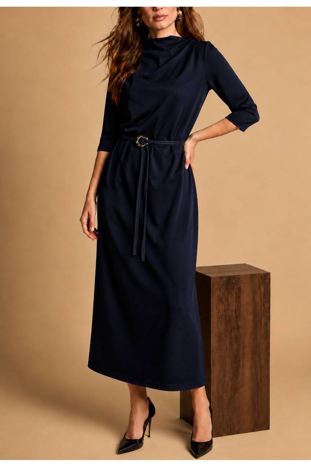Donkerblauwe dames Freebird midi jurk van polyester met effen, korte mouwen en ronde hals