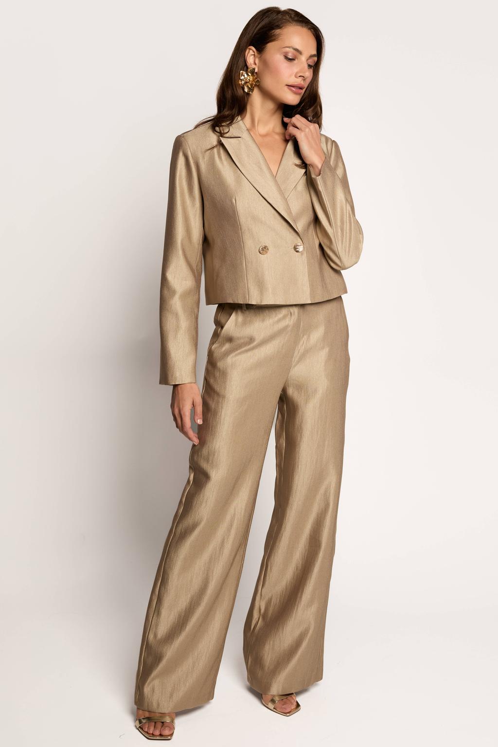 Gouden dames Freebird cropped blazer van viscose met effen, lange mouwen, reverskraag en knoopsluiting