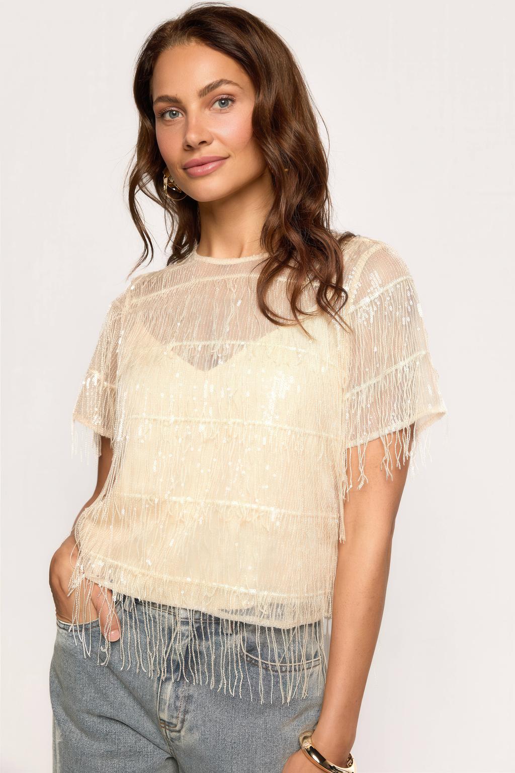 Beige dames Freebird top van polyester met effen, korte mouwen, ronde hals en franjes