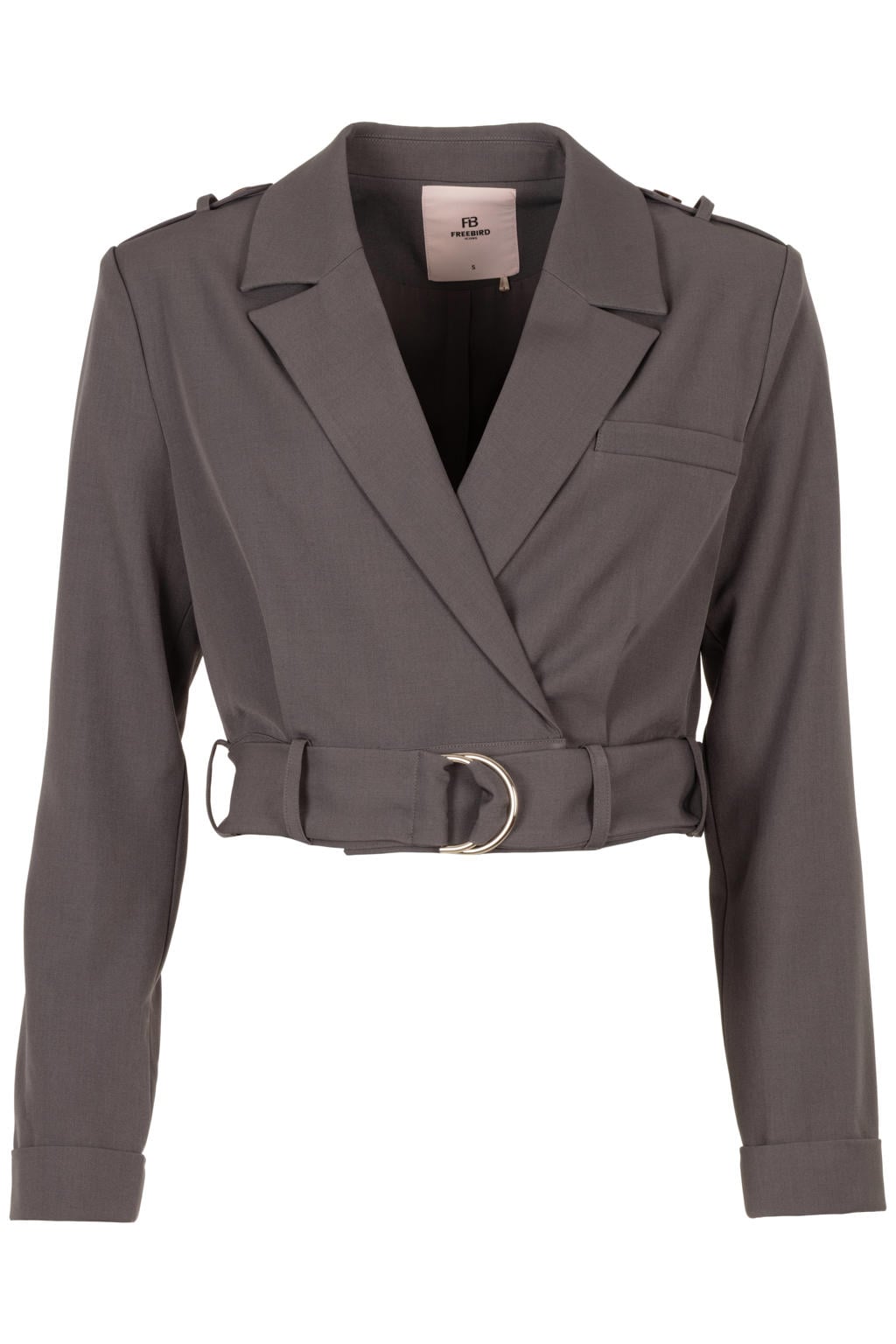 Grijze dames Freebird cropped blazer van polyester met effen, lange mouwen, reverskraag en knoopsluiting