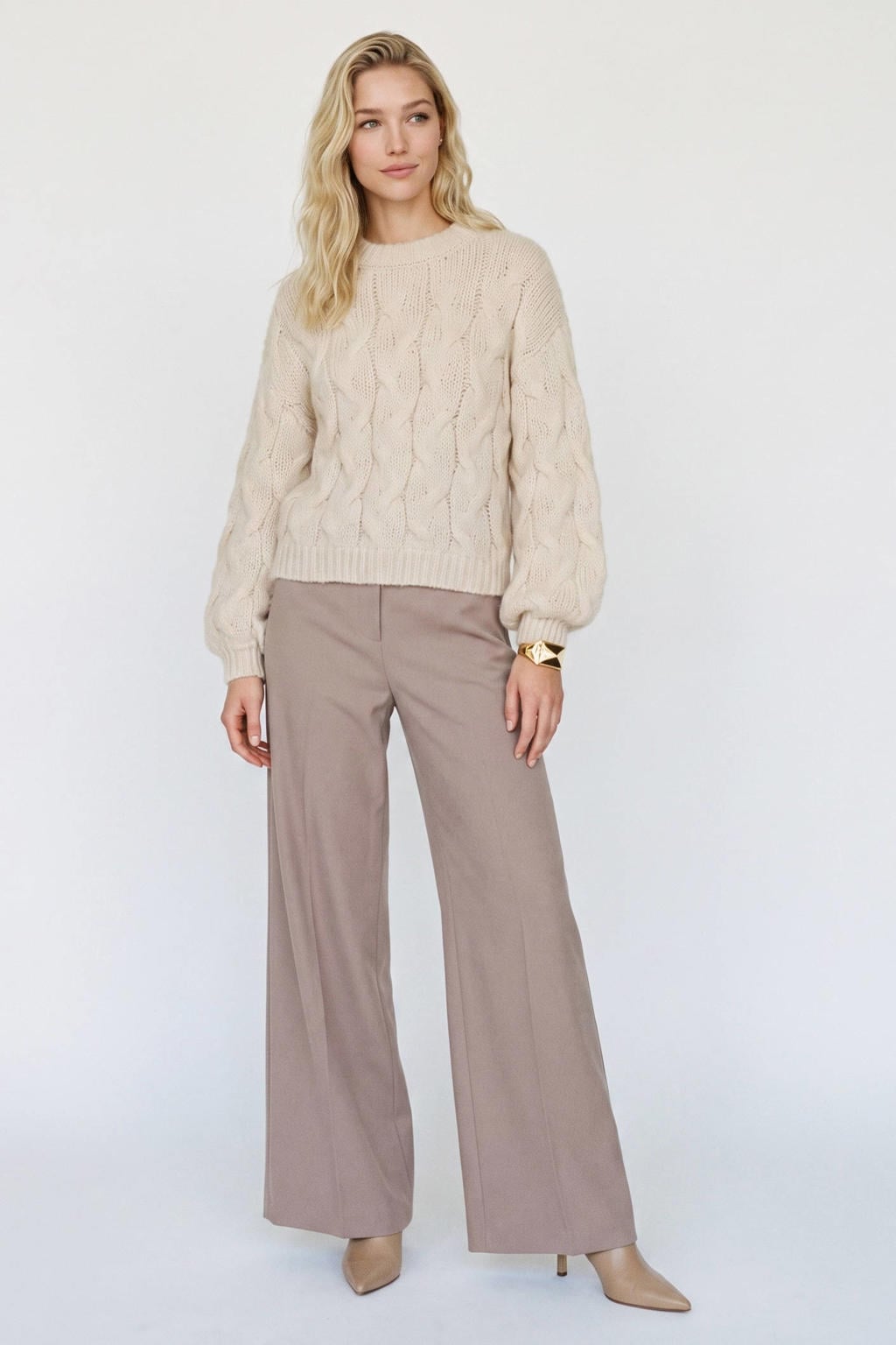 Beige dames VERO MODA gebreide trui van polyester met effen, lange mouwen, ronde hals en kabel details