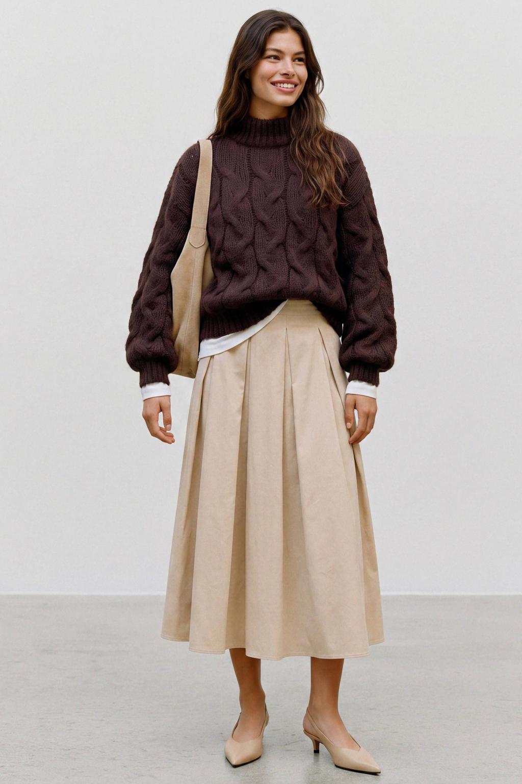 Bruine dames VERO MODA gebreide trui van polyester met effen, lange mouwen, ronde hals en kabel details