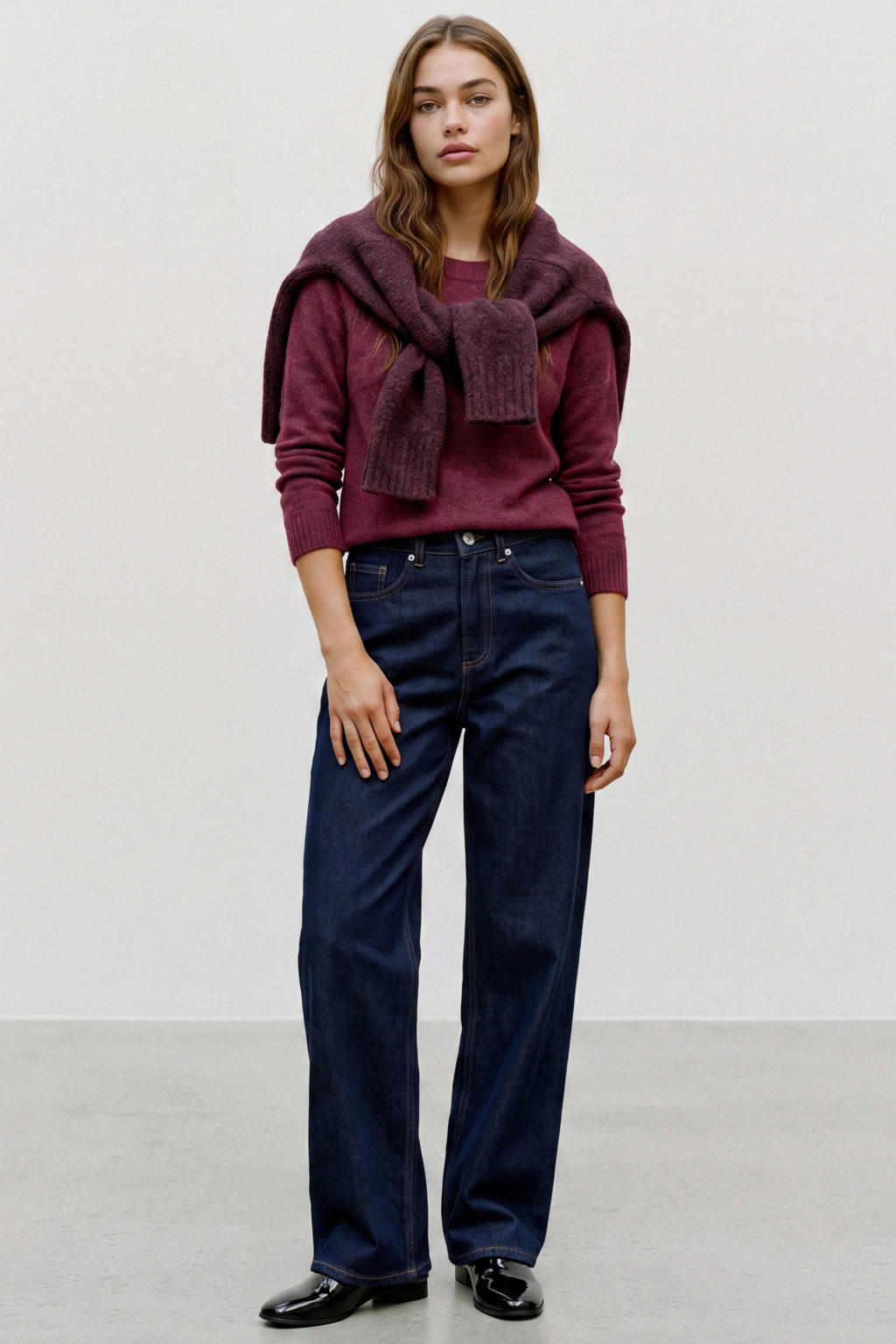 Donkerrode dames VERO MODA rechtvallende gebreide trui van polyester met effen, lange mouwen en ronde hals