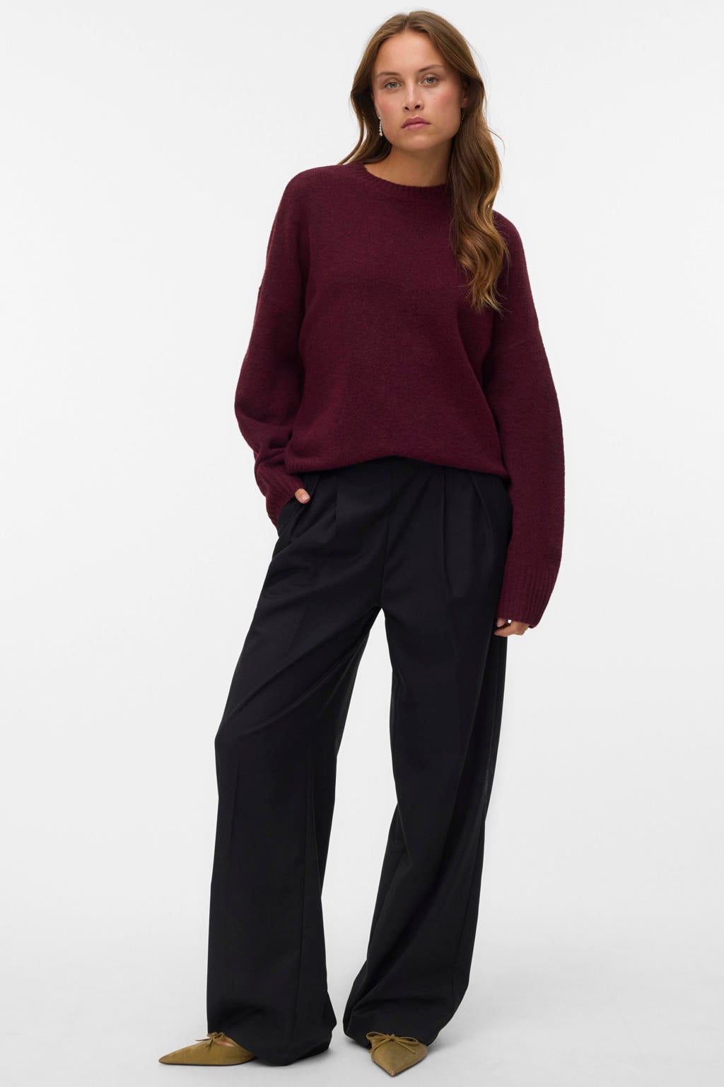Donkerrode dames VERO MODA oversized gebreide trui van polyester met effen, lange mouwen en ronde hals