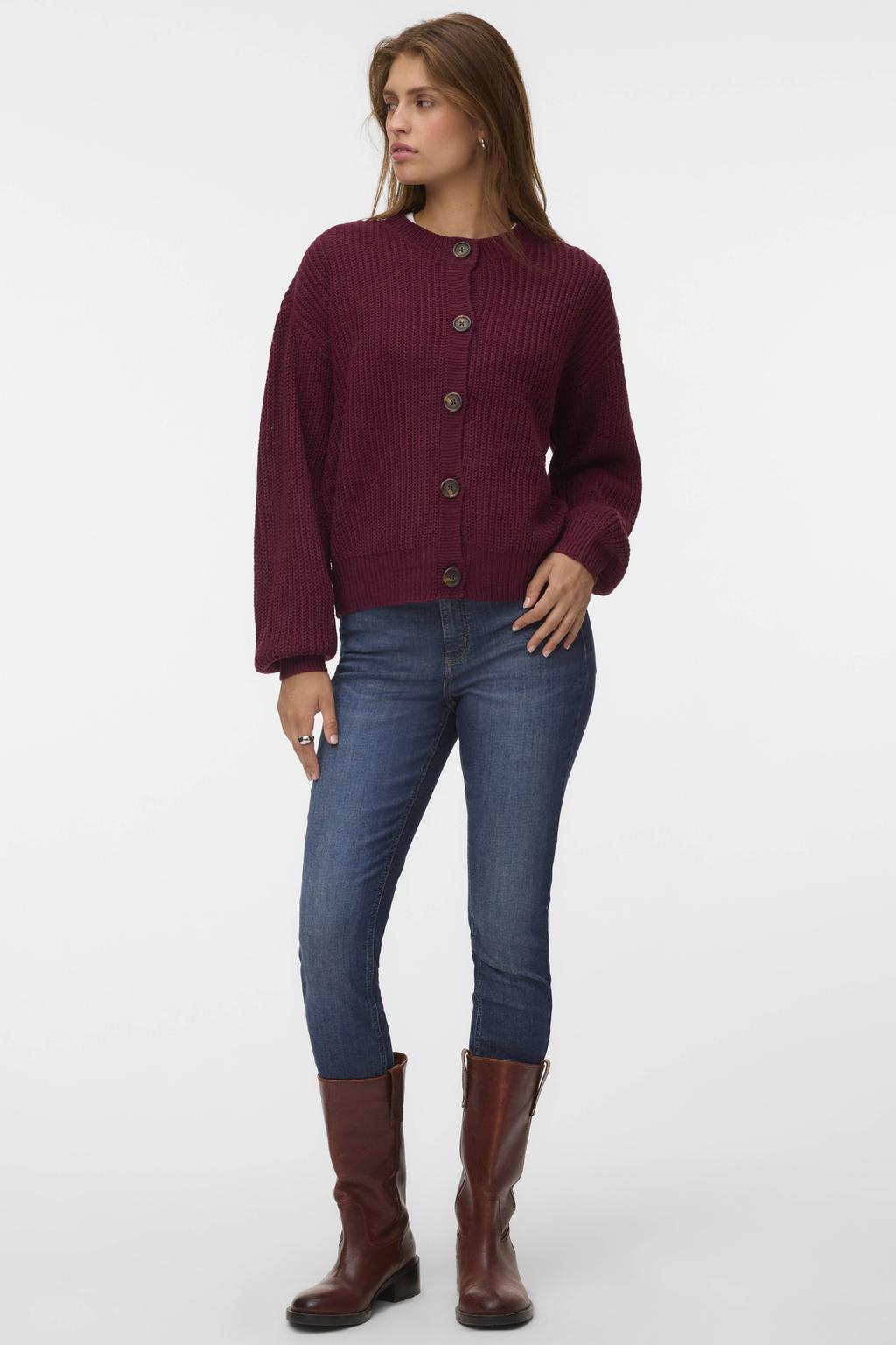 Donkerrode dames VERO MODA rechtvallend gebreid vest van acryl met effen, lange mouwen, ronde hals, knoopsluiting en elastische boord