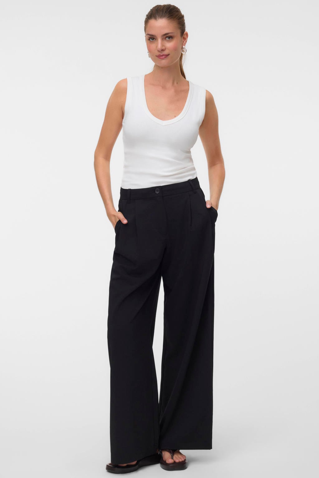 VERO MODA wide leg casual broek met plooien - zwart