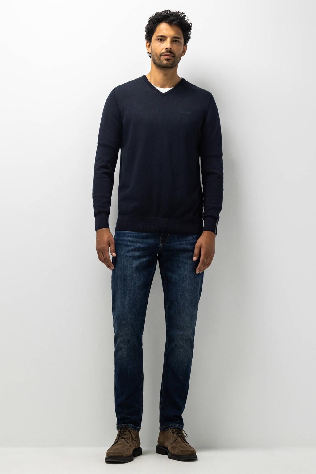 Donkerblauwe heren State of Art katoenen regular fit gebreide trui met lange mouwen en V-hals