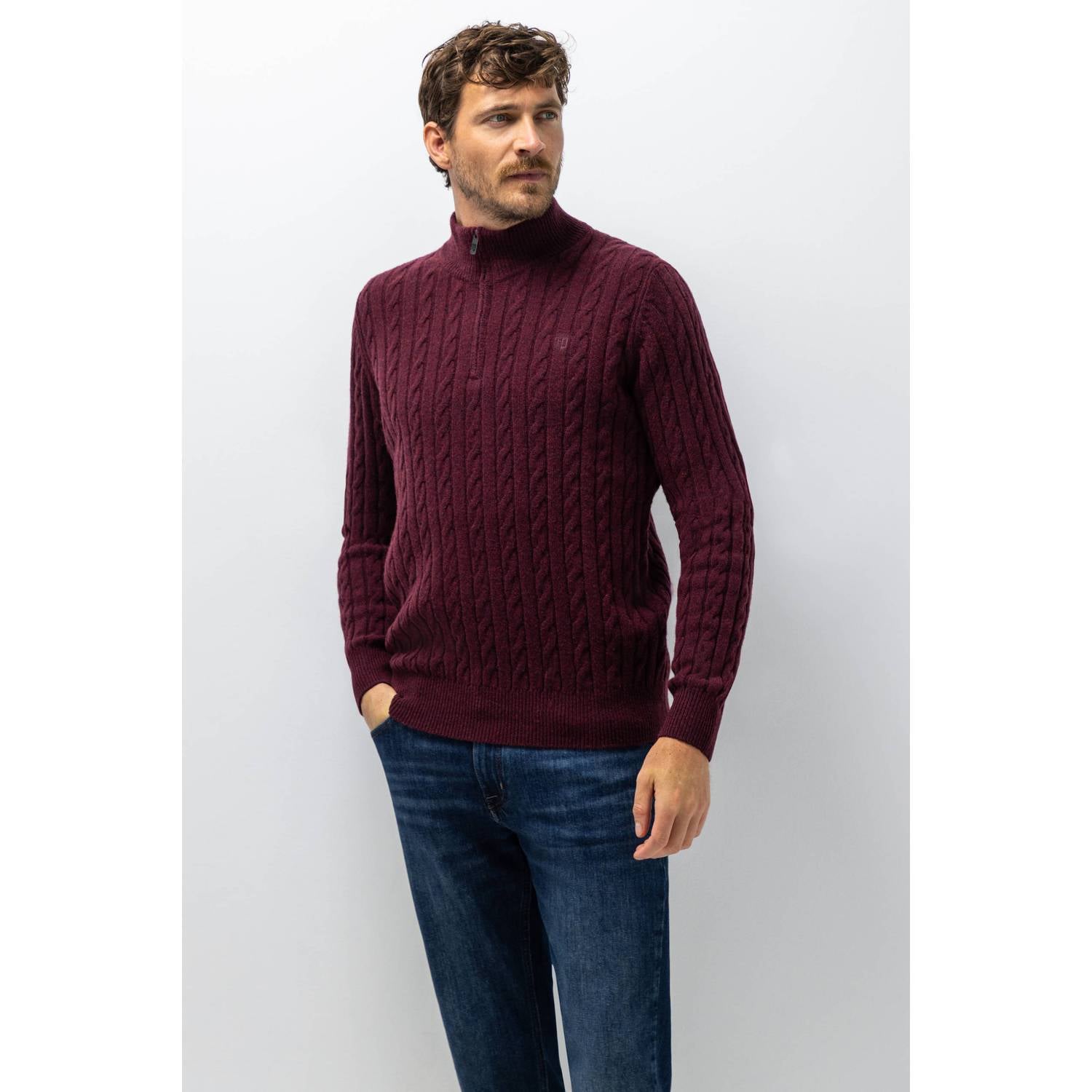 State of Art regular fit kabeltrui met kabels en wol aubergine plain