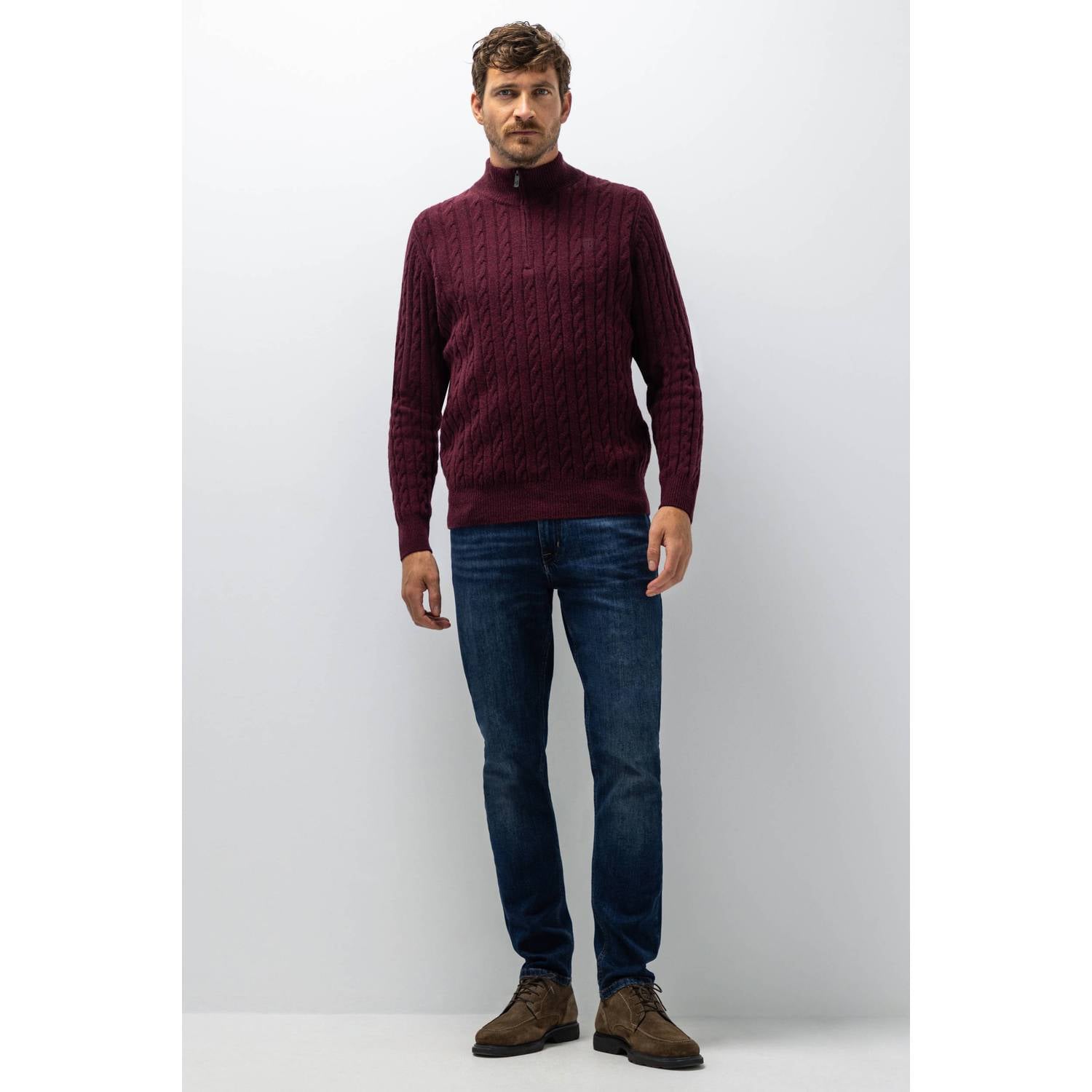 State of Art regular fit kabeltrui met kabels en wol aubergine plain