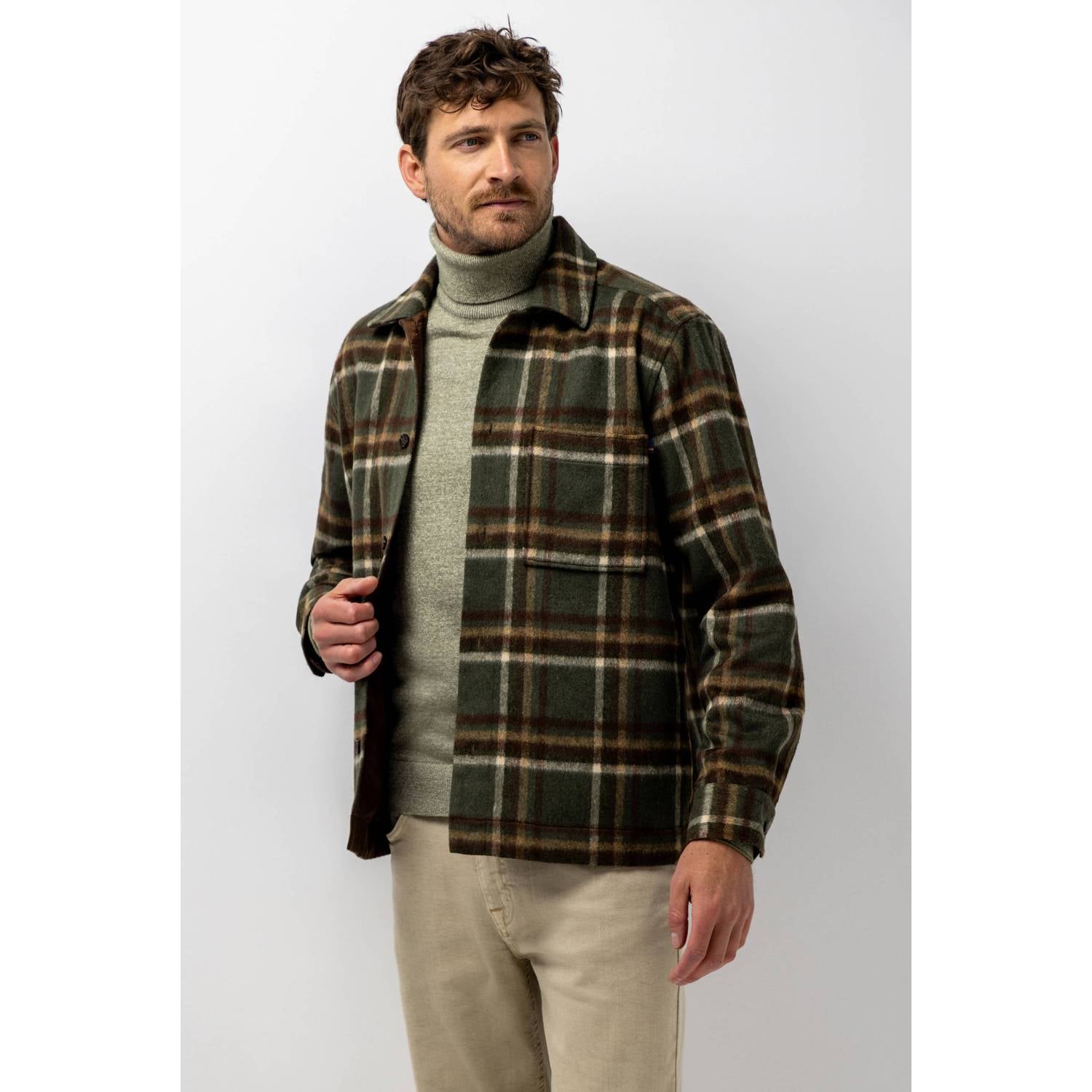 State of Art regular fit geruit overshirt met wol moss green cream