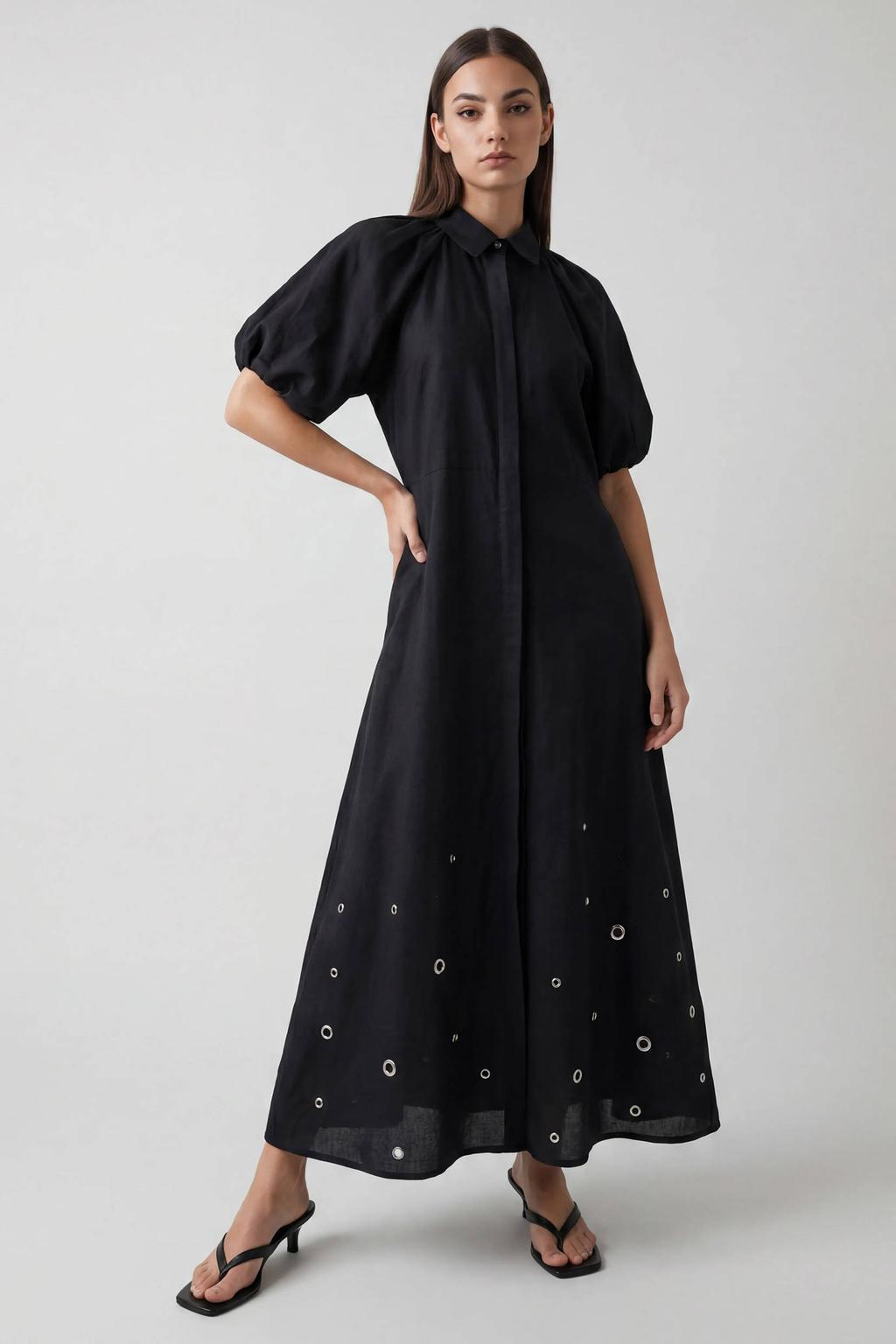 Zwarte dames Shoeby blousejurk met linnen van viscose met effen, driekwart mouwen, button down sluiting, knoopsluiting en studs