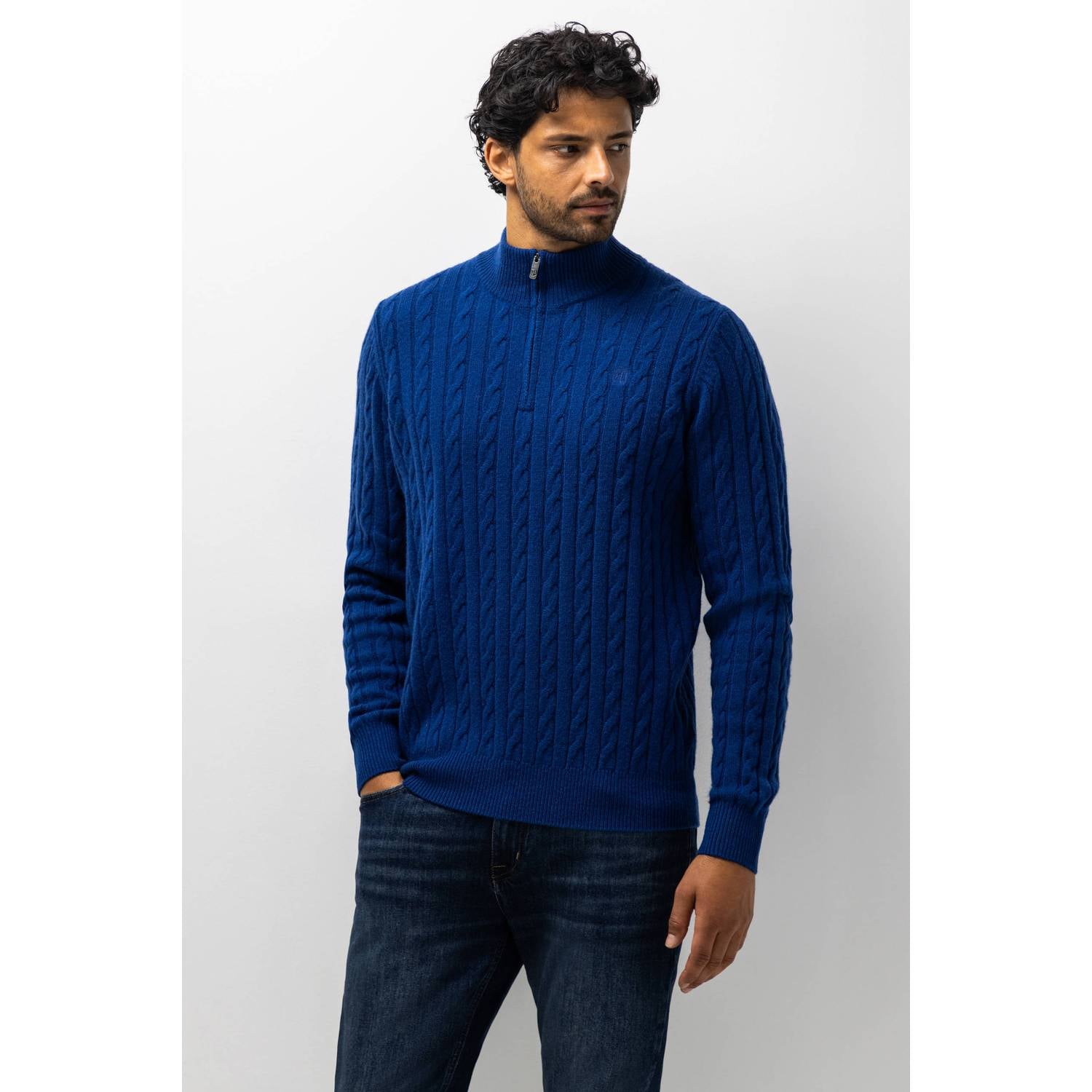 State of Art wollen regular fit kabeltrui met kabels blauw