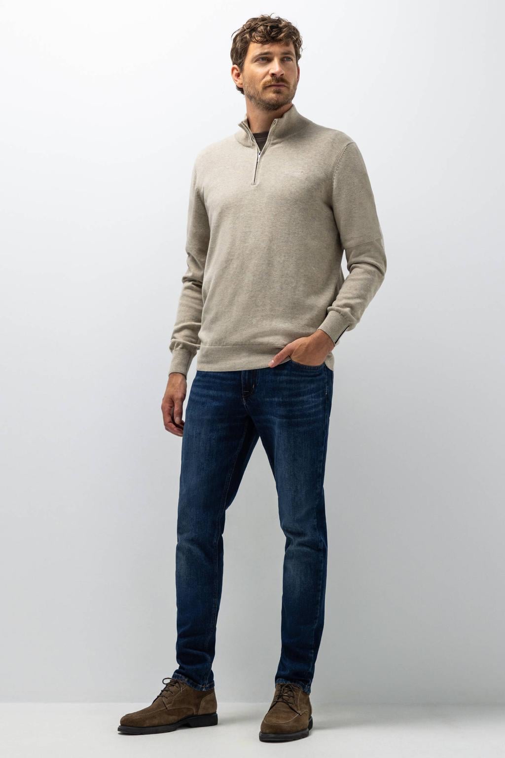 Taupe heren State of Art katoenen regular fit gebreide trui met lange mouwen