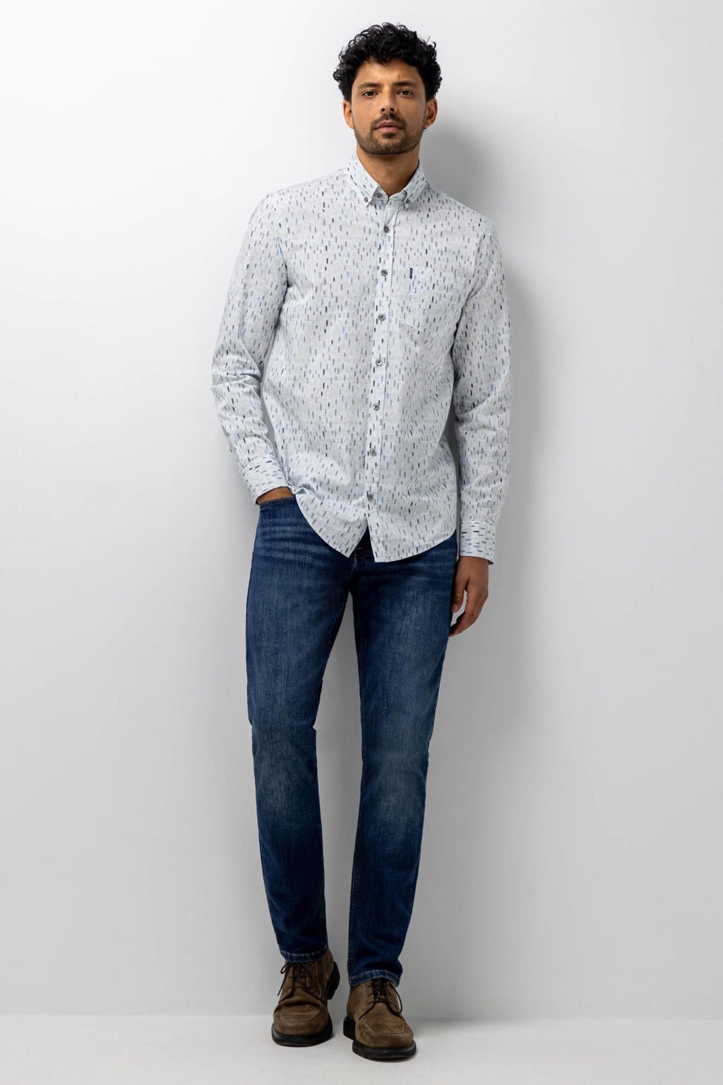 Grijsblauw en grey heren State of Art regular fit poplin overhemd blauw van katoen met lange mouwen en button down sluiting