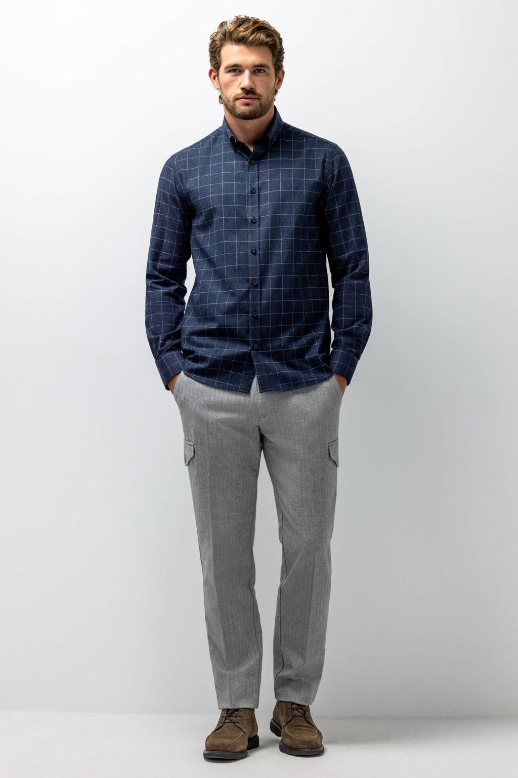 State of Art flanel regular fit geruit overhemd - donkerblauw/middelgrijs