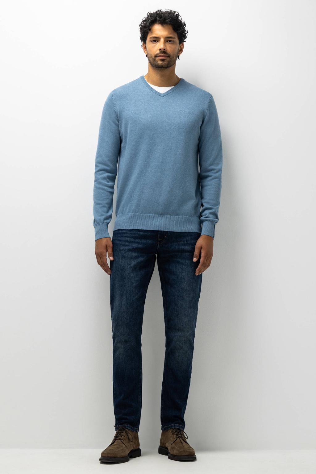 Grijsblauwe heren State of Art katoenen regular fit trui blauw met lange mouwen en V-hals