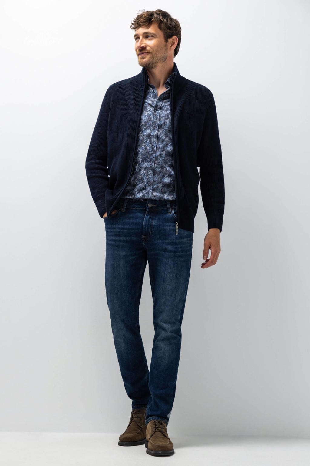 Donkerblauwe heren State of Art katoenen gebreid vest met lange mouwen