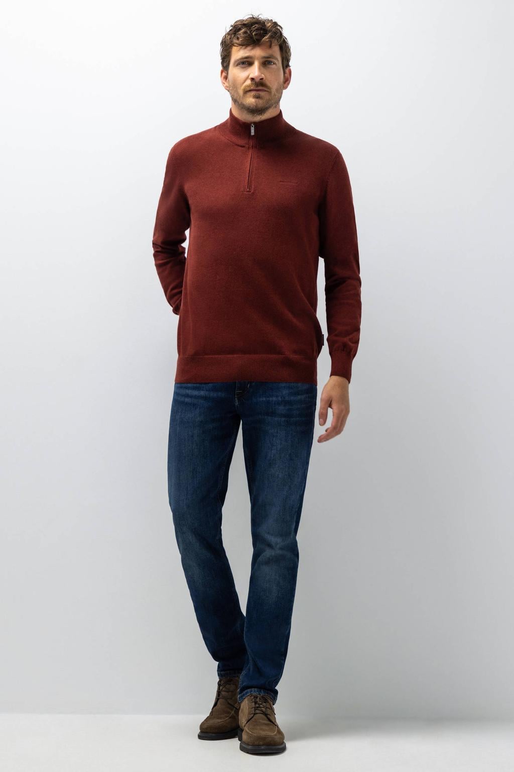 Roodbruine heren State of Art katoenen regular fit gebreide trui met lange mouwen