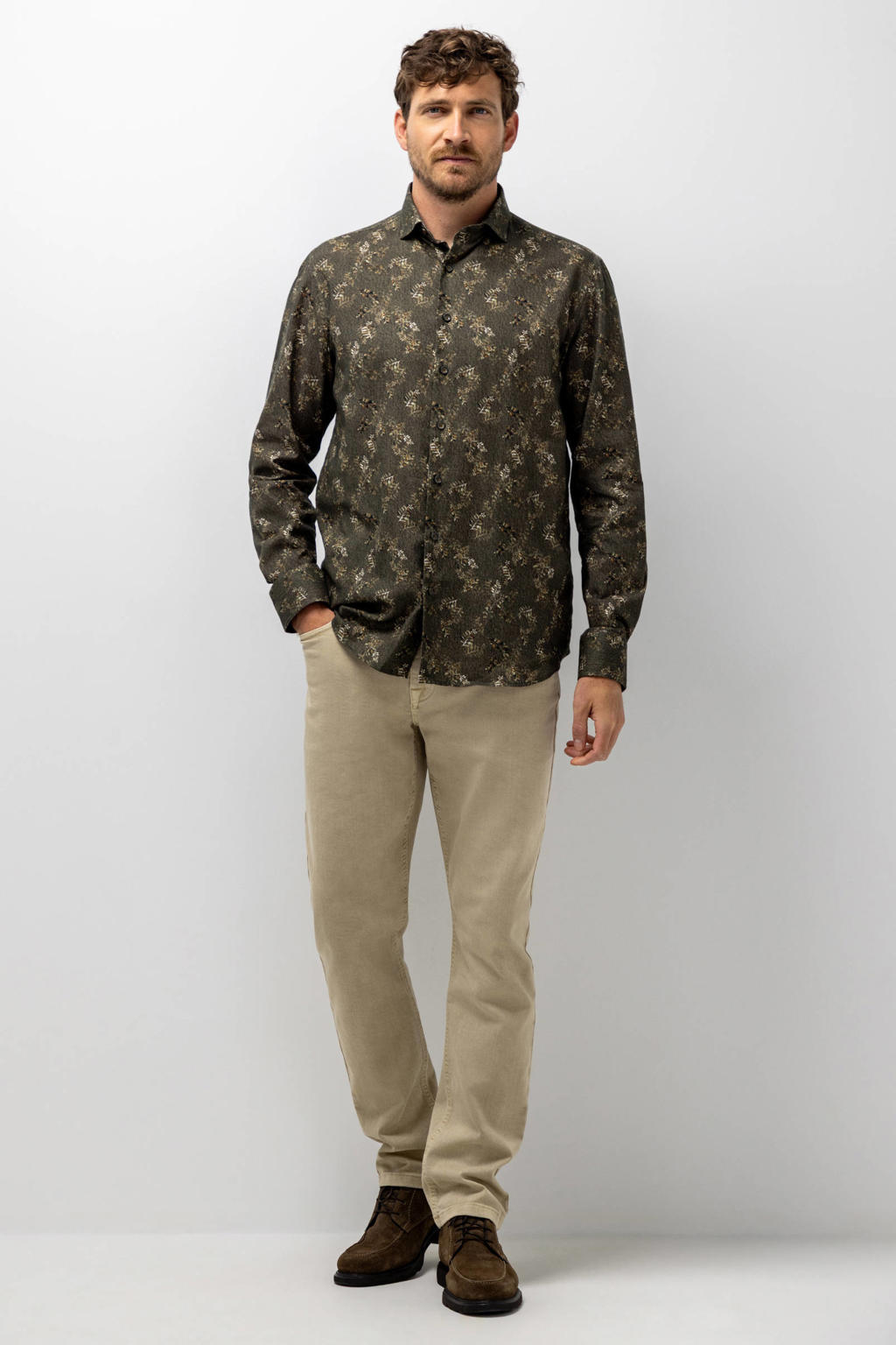 State of Art regular fit overhemd met print - donkerbruin/cognac