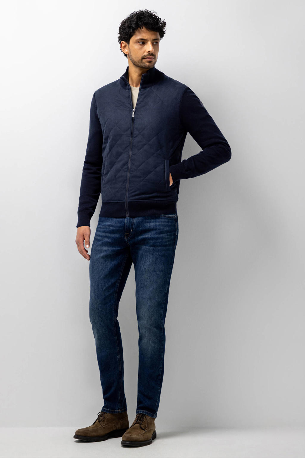 State of Art katoenen gebreid quilted vest - donkerblauw