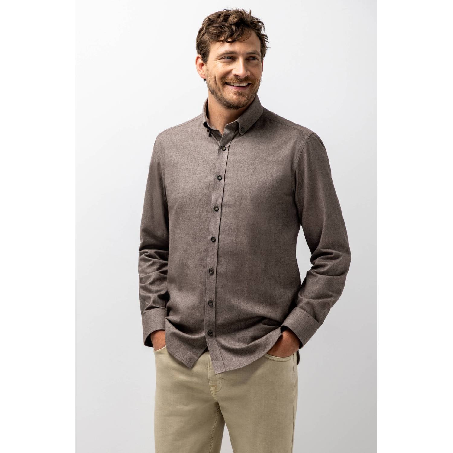 State of Art regular fit casual twill gemêleerd overhemd dark brown white