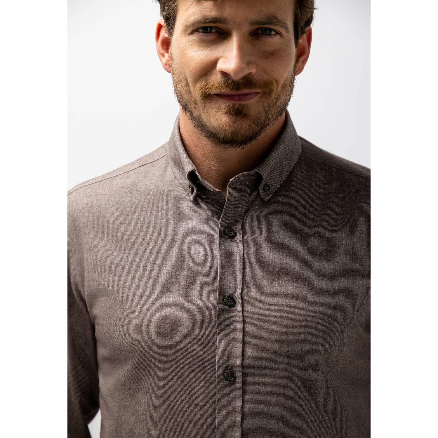 State of Art regular fit casual twill gemêleerd overhemd dark brown white
