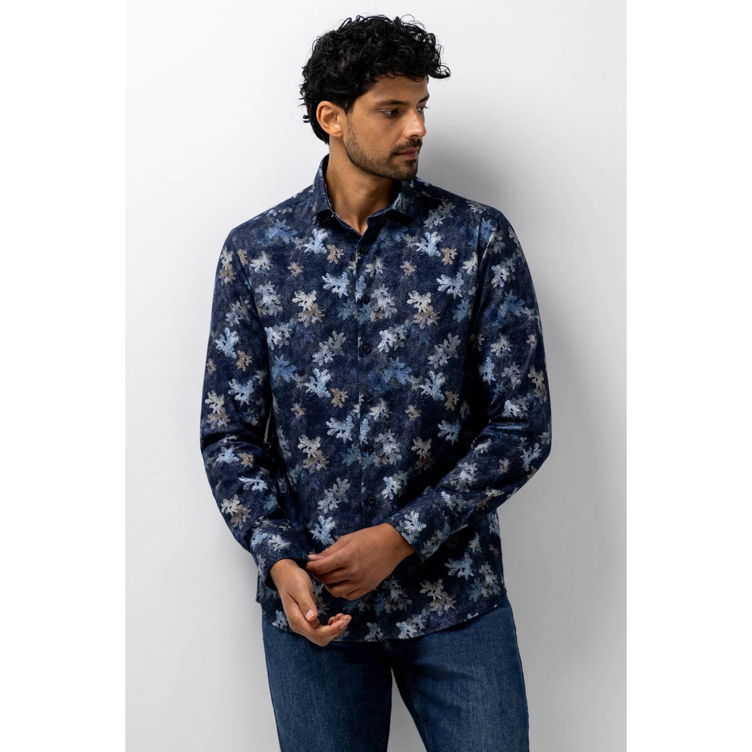 State of Art regular fit casual gebloemd overhemd midnight grey blue