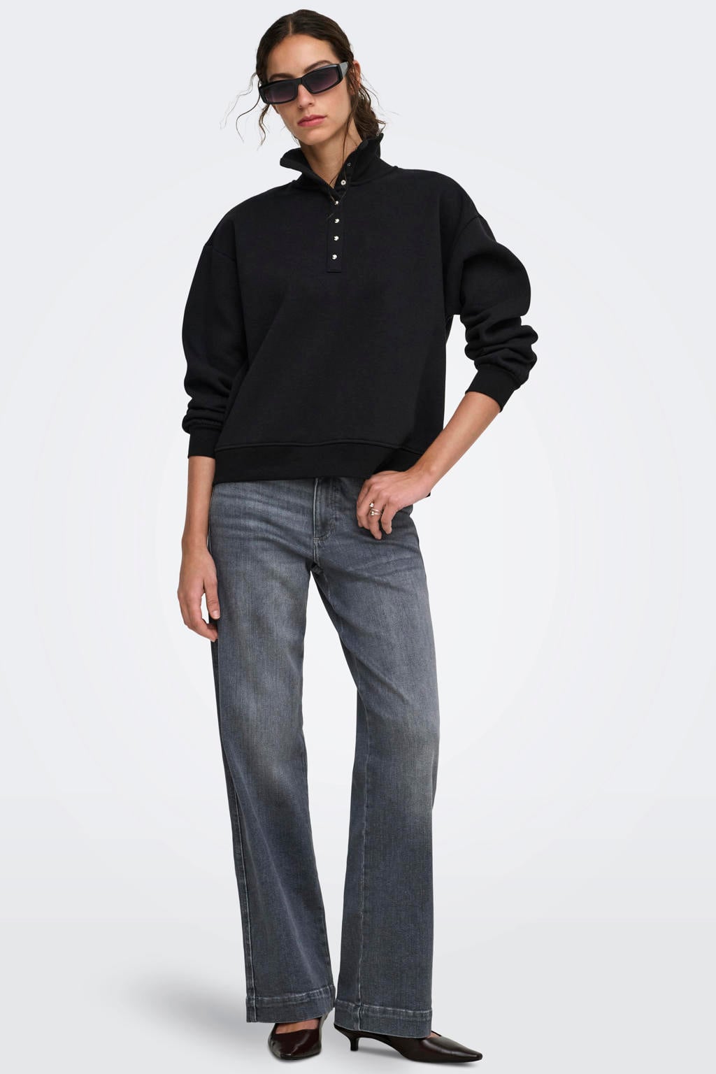 Grey denim dames ONLY Onlally Hw Wide Leg Dnm Box wide leg jeans met high waist, rits- en knoopsluiting en effen