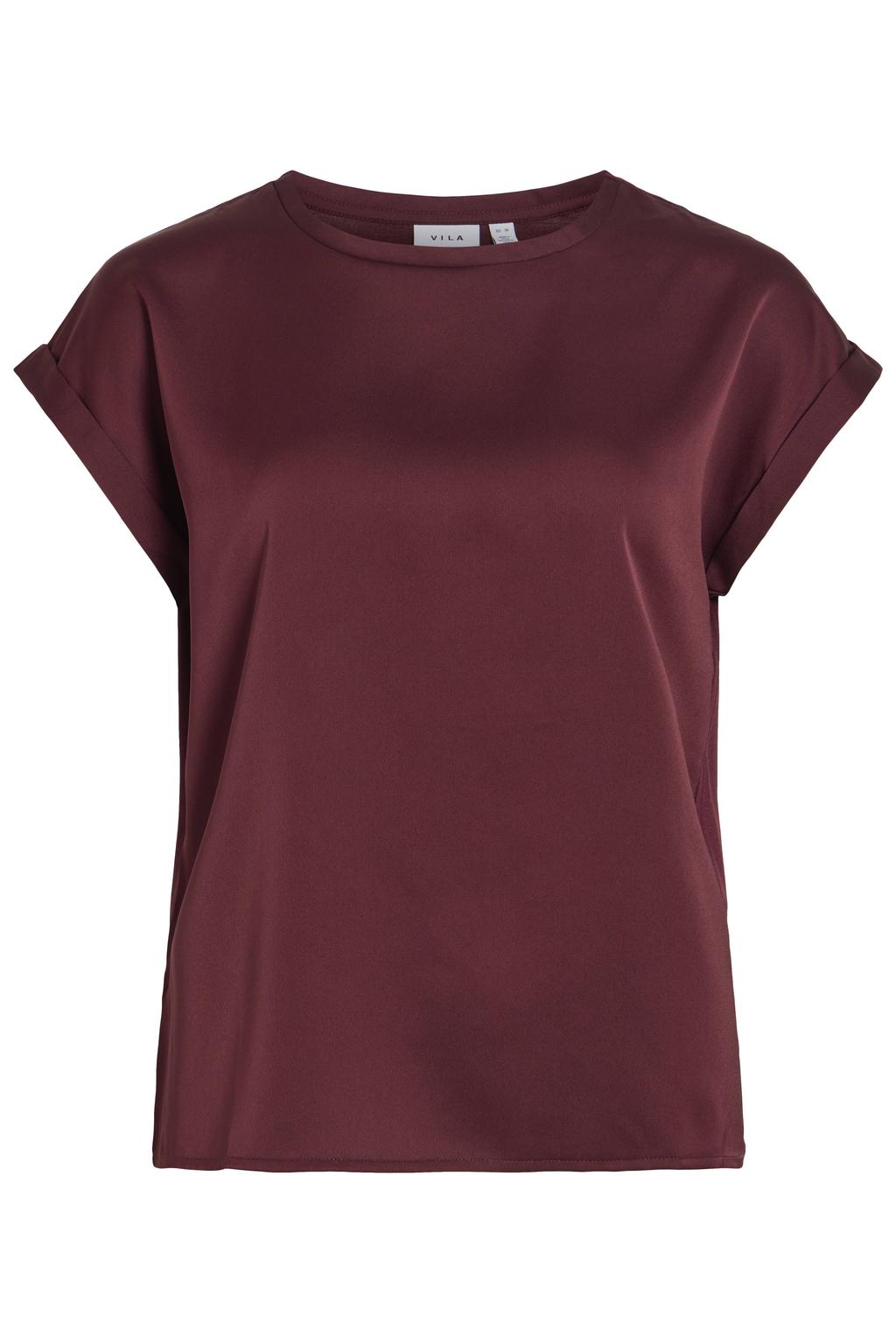Donkerrode dames VILA satijnen rechtvallende blousetop van polyester met effen, korte mouwen, ronde hals en glimmend detail
