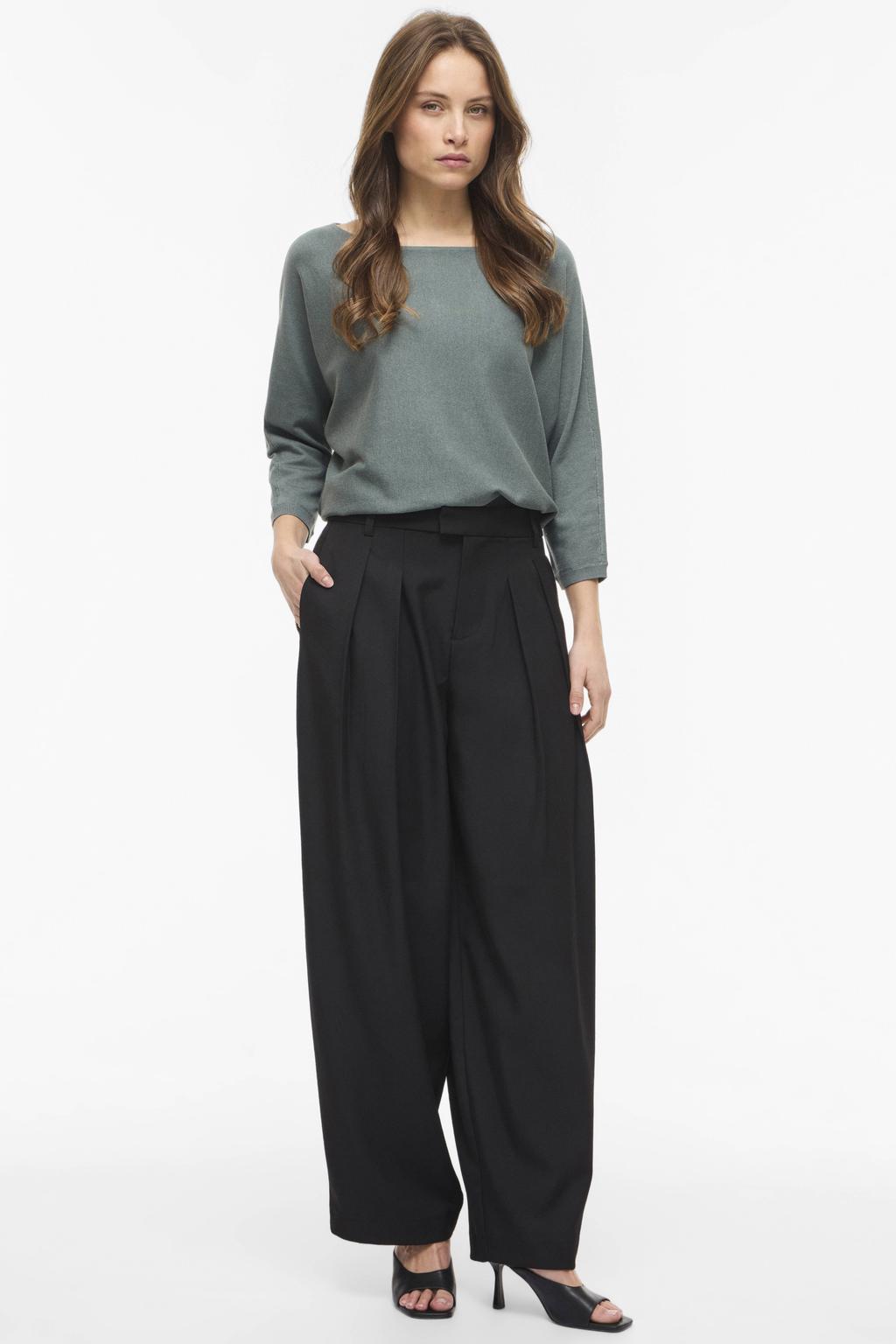 Grijsblauwe dames VILA oversized gebreide trui blauw van polyester met effen, lange mouwen en boothals