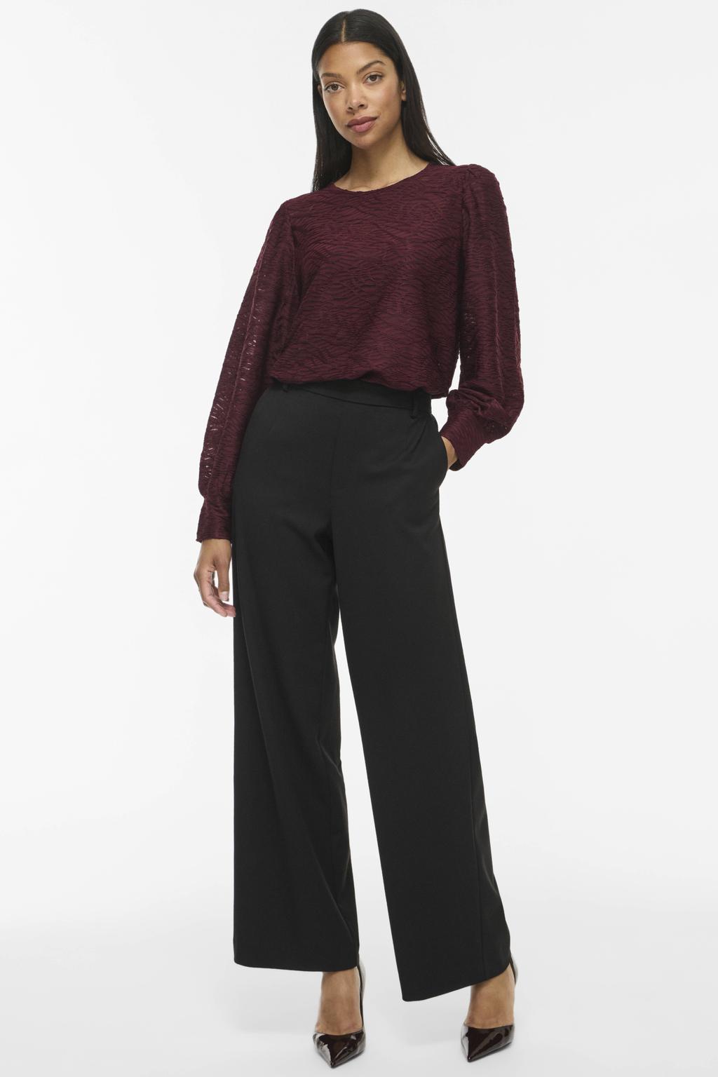 Donkerrode dames VILA regular fit top van polyester met effen, lange mouwen en ronde hals