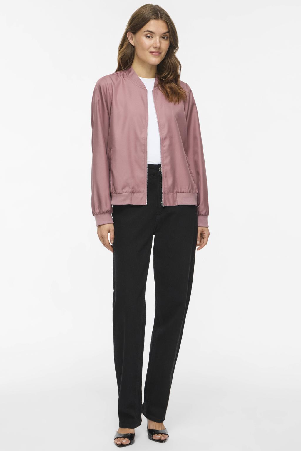 Oudroze dames VILA bomberjack van polyester met effen, lange mouwen, opstaande kraag en ritssluiting