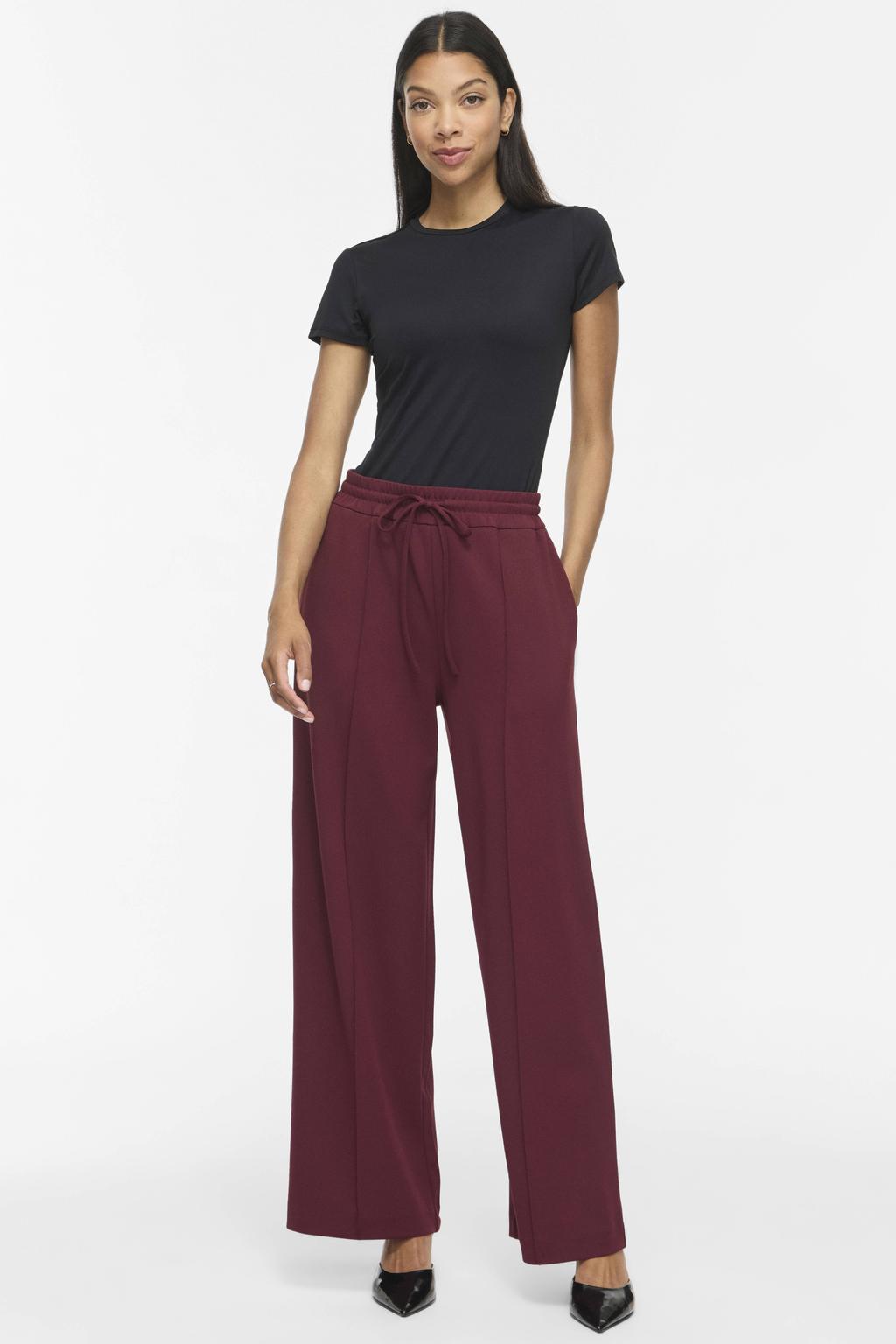 Donkerrode dames VILA wide leg gebreide casual broek met high waist, elastische tailleband met koord en effen