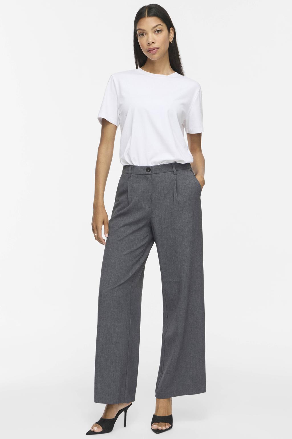 Grijze dames VILA wide leg high waist casual broek met rits- en knoopsluiting en effen