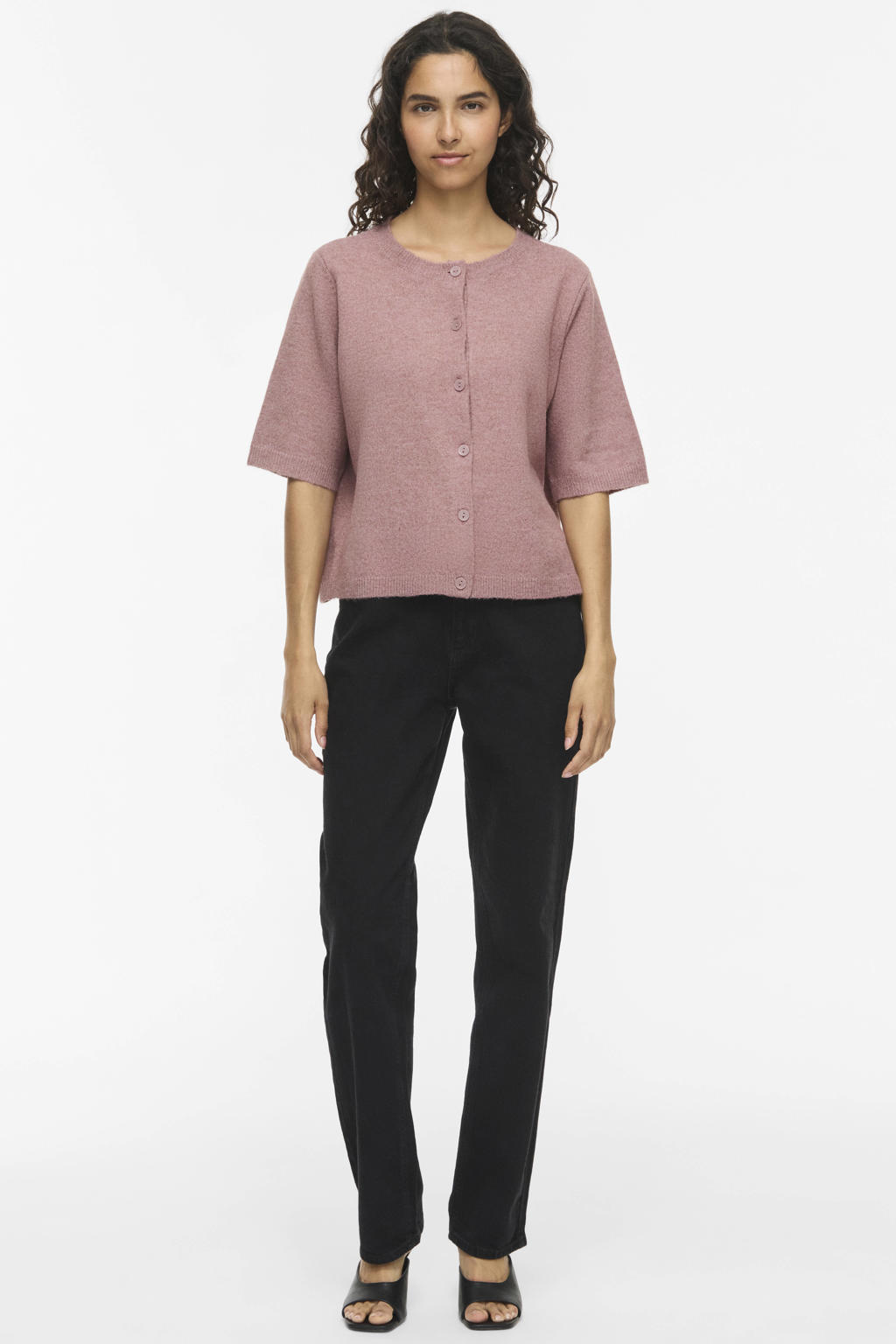 Oudroze dames VILA gebreide gemêleerd vest met melée print, half lange mouwen, ronde hals en knoopsluiting