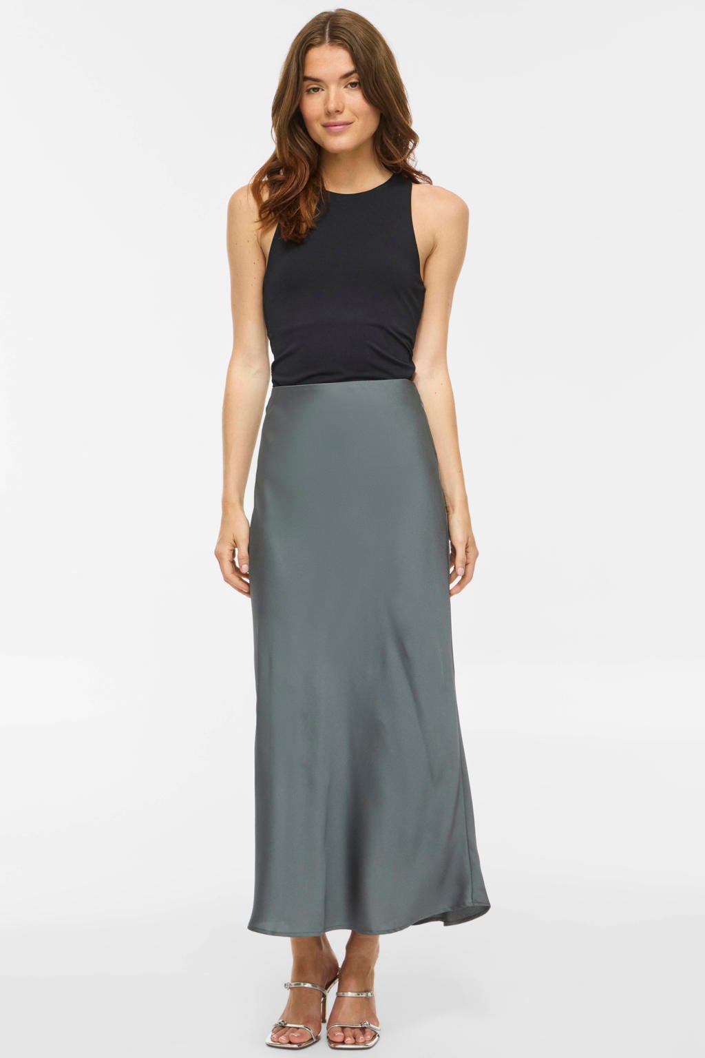 Grijsblauwe dames VILA midi rok blauw gemaakt van polyester en met elastische tailleband