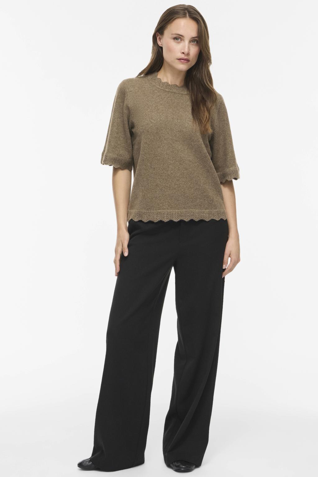 Bruine dames VILA regular fit gemêleerde gebreide trui van polyester met melée print, half lange mouwen en ronde hals