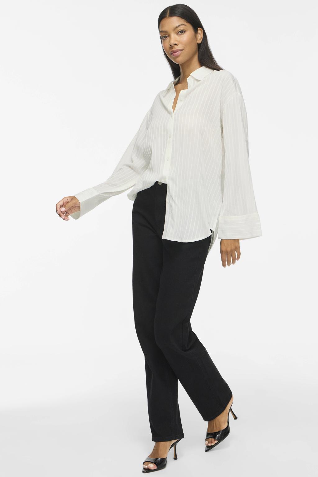 Ecru dames VILA loose fit gestreepte blouse van viscose met lange mouwen en klassieke kraag