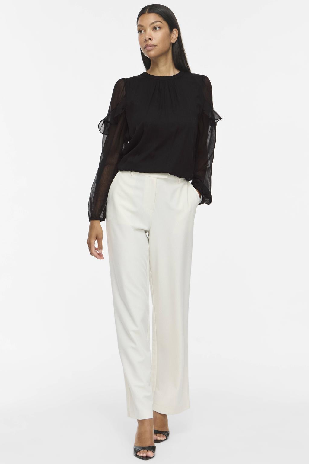 Zwarte dames VILA regular fit top van polyester met effen, lange mouwen, ronde hals en ruches