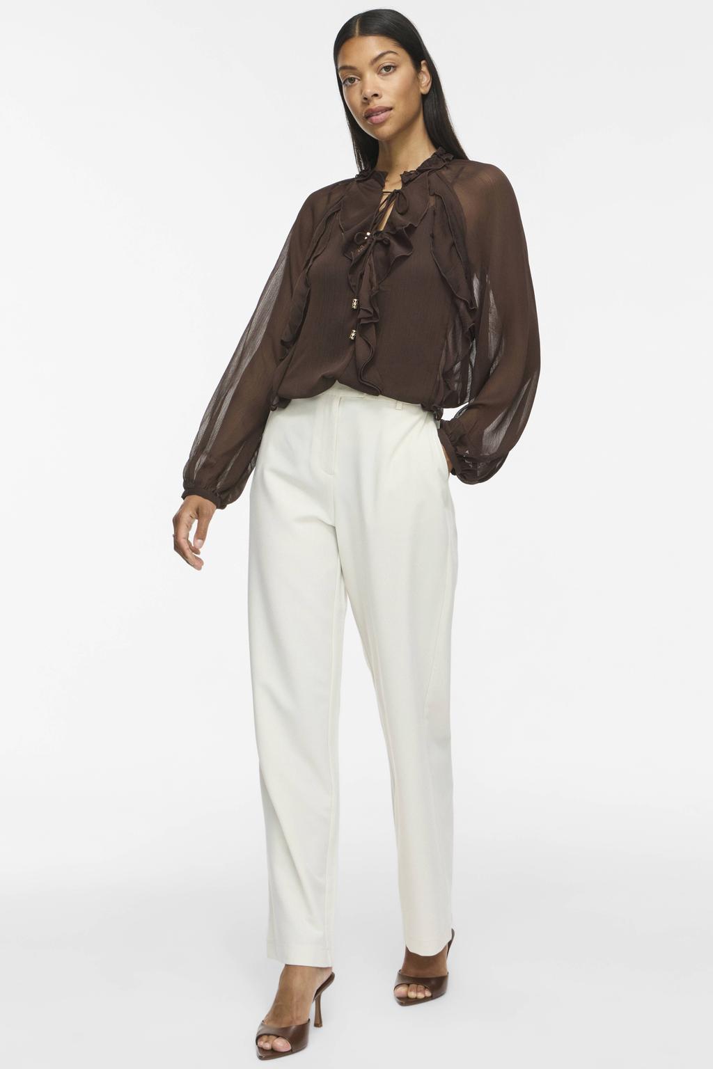 Bruine dames VILA relaxed fit top van polyester met effen, lange mouwen, V-hals en ruches