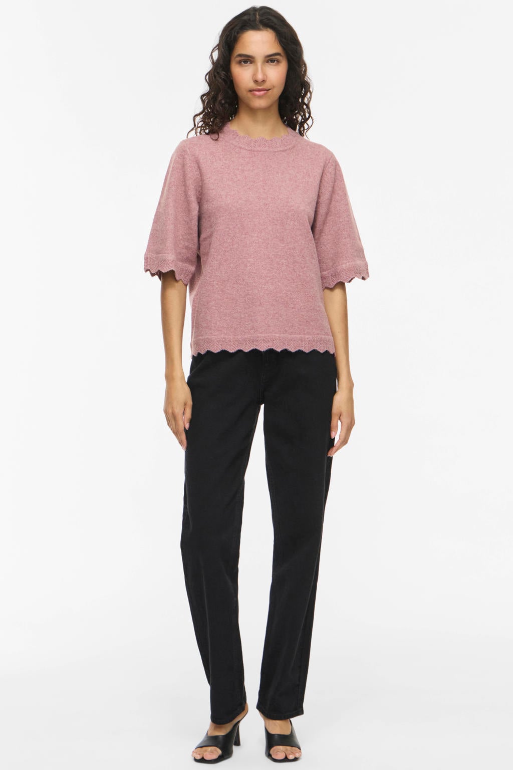 Oudroze dames VILA regular fit gebreide trui van polyester met melée print, half lange mouwen en ronde hals
