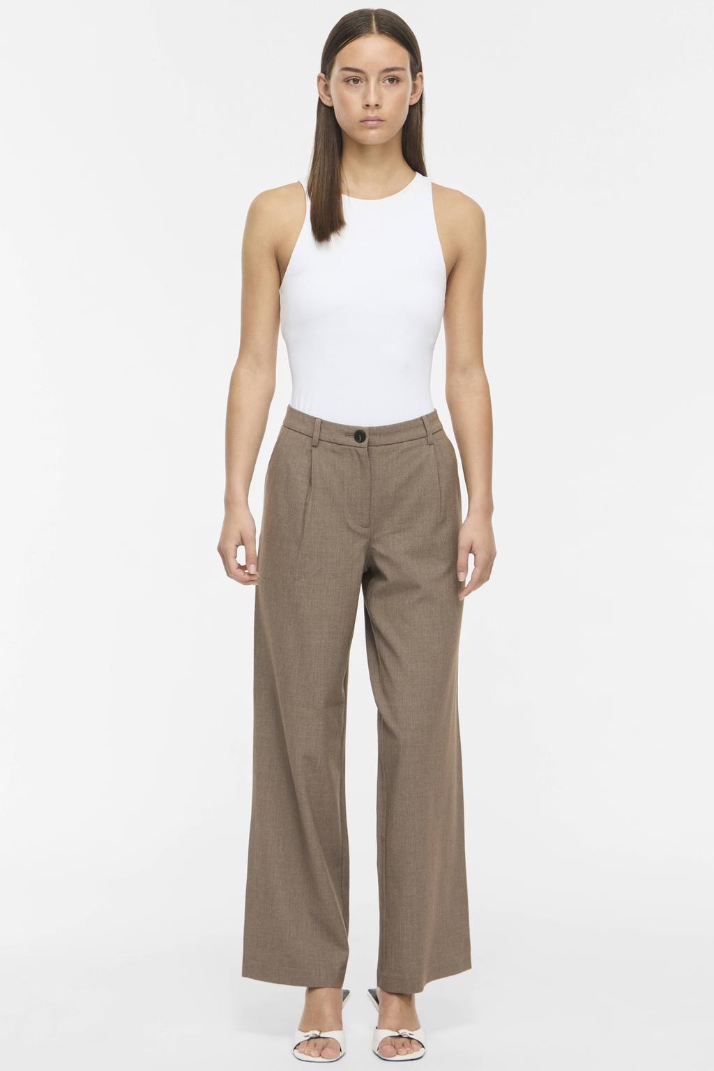 Lichtbruine dames VILA wide leg casual broek met high waist, rits- en knoopsluiting en effen