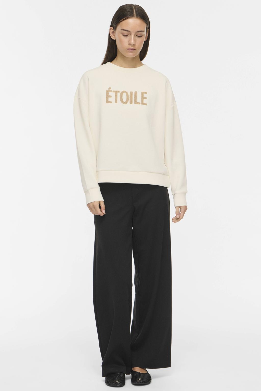 Ecru en beige dames VILA loose fit gebreide sweater van polyester met tekst print, lange mouwen en ronde hals