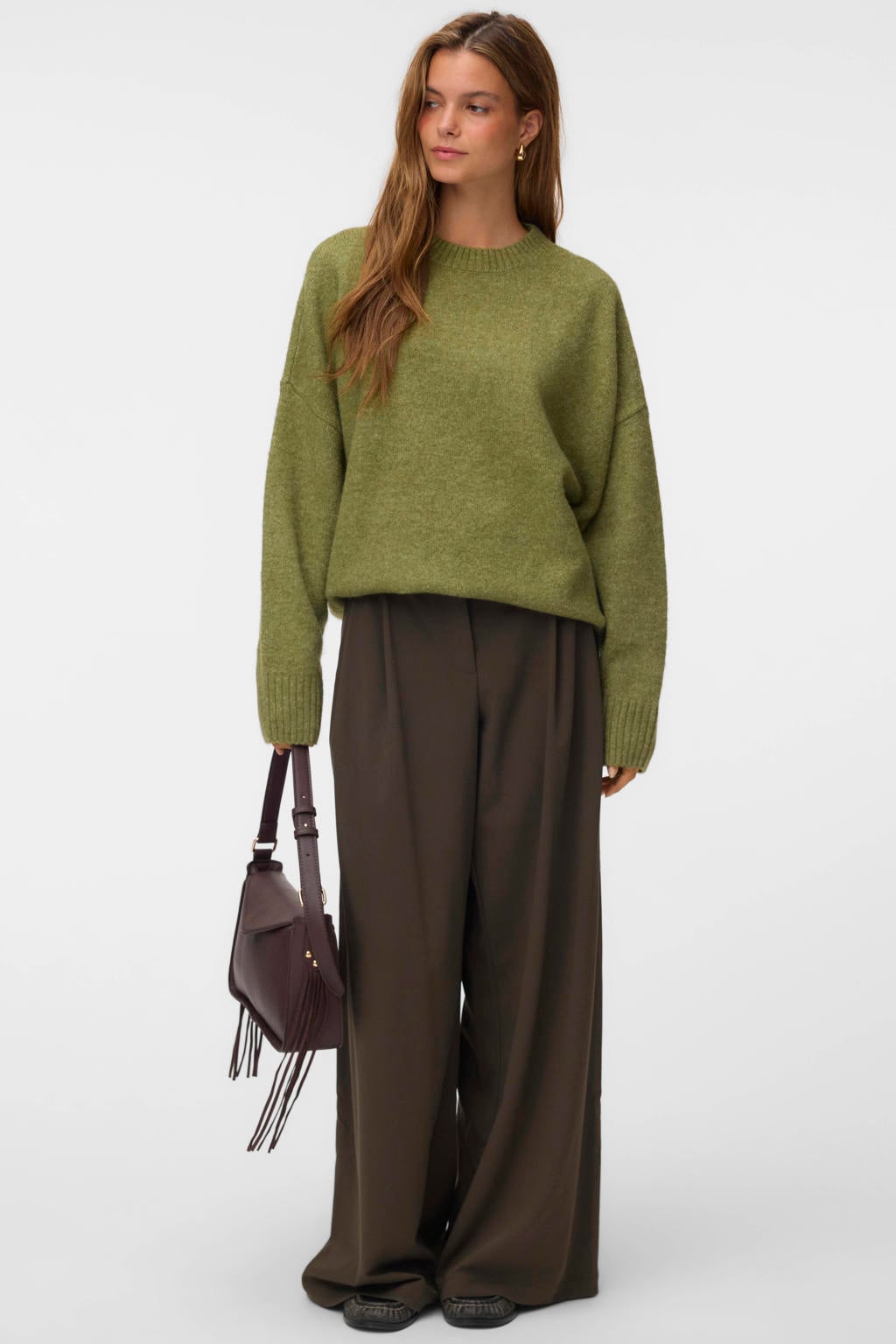 Groene dames VERO MODA oversized gebreide trui van polyester met effen, lange mouwen en ronde hals