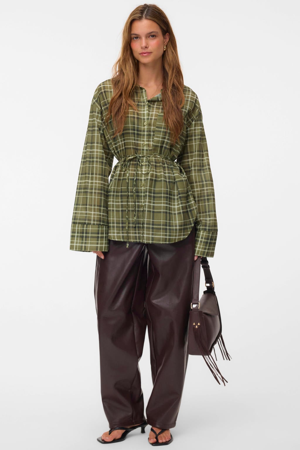 VERO MODA x Wehkamp geruite blouse met ceintuur - groen