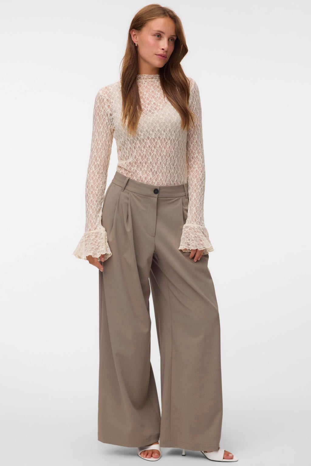 Taupe dames VERO MODA wide leg casual broek met knoopsluiting en effen