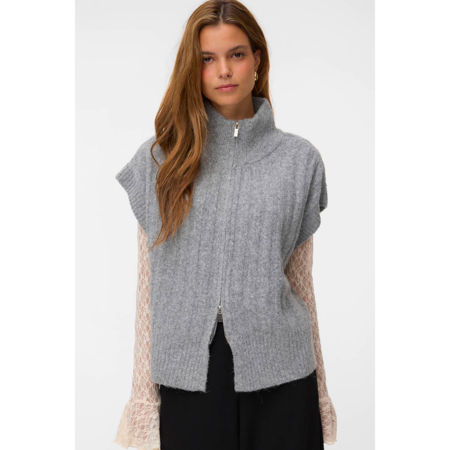 VERO MODA gebreid vest met wol grijs
