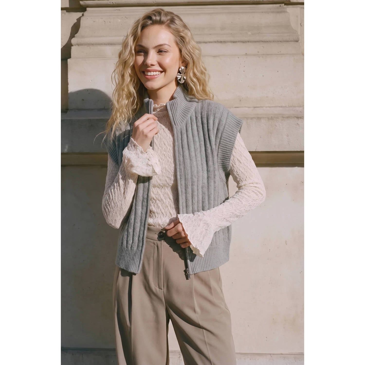 VERO MODA gebreid vest met wol grijs