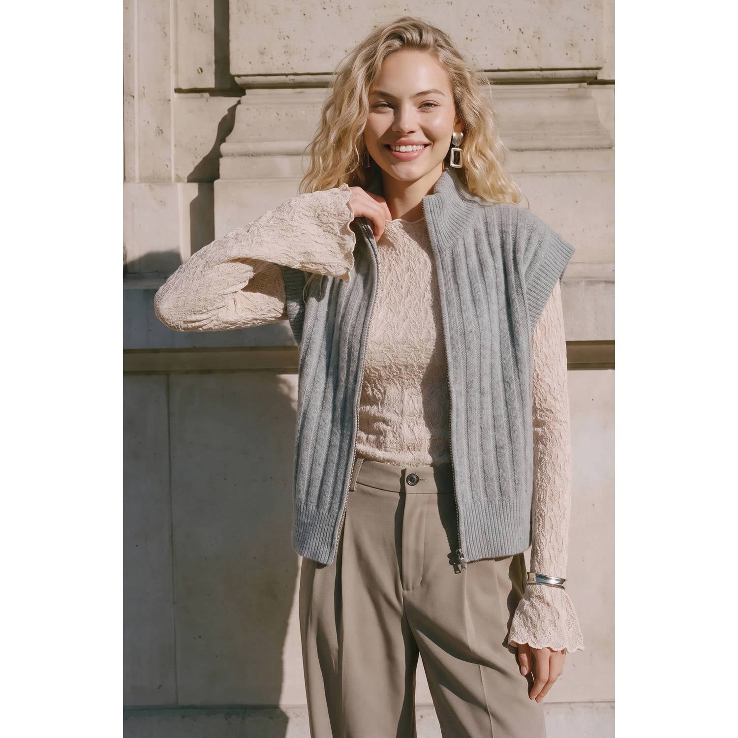 VERO MODA gebreid vest met wol grijs